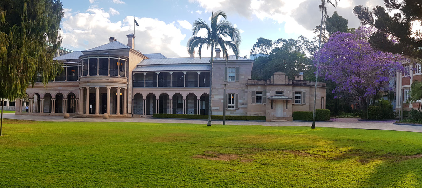 Old Government House exterior view from the left hand side, showing the governor's entrance..