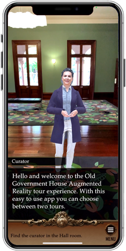 Digital curator standing in the main hall of Old Government House, for the Old Government House, Brisbane, Augmented Reality (AR) touring app.