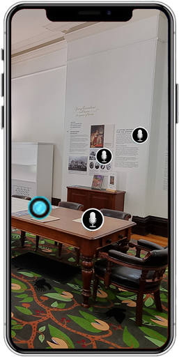 Interactive icons in a phone camera view of the House interior, for the Old Government House, Brisbane, Augmented Reality (AR) touring app.
