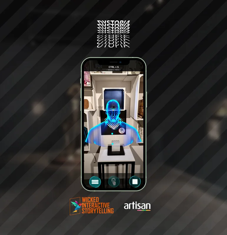 Artisan Dystopia / Utopia 2070 AR companion shown on a mobile phone.