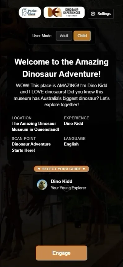 Mobile screen showing a child mode and Dino Kidd guide selection for the Eromanga prototype.
