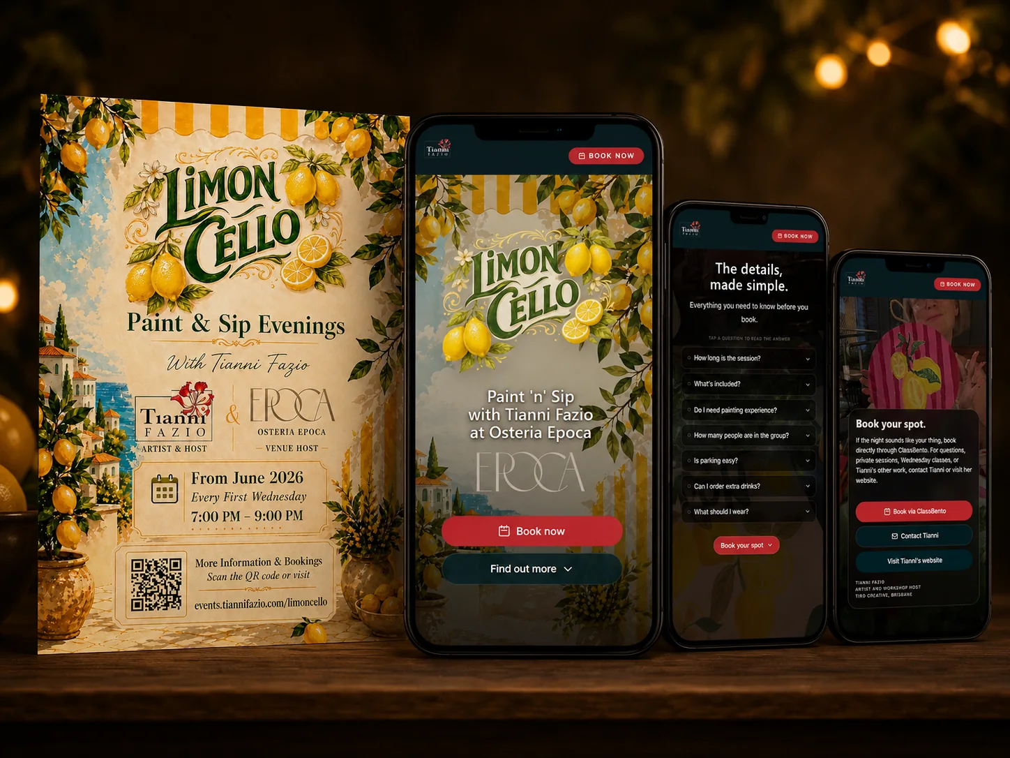 Limoncello event poster shown beside mobile screens from the connected guided experience.