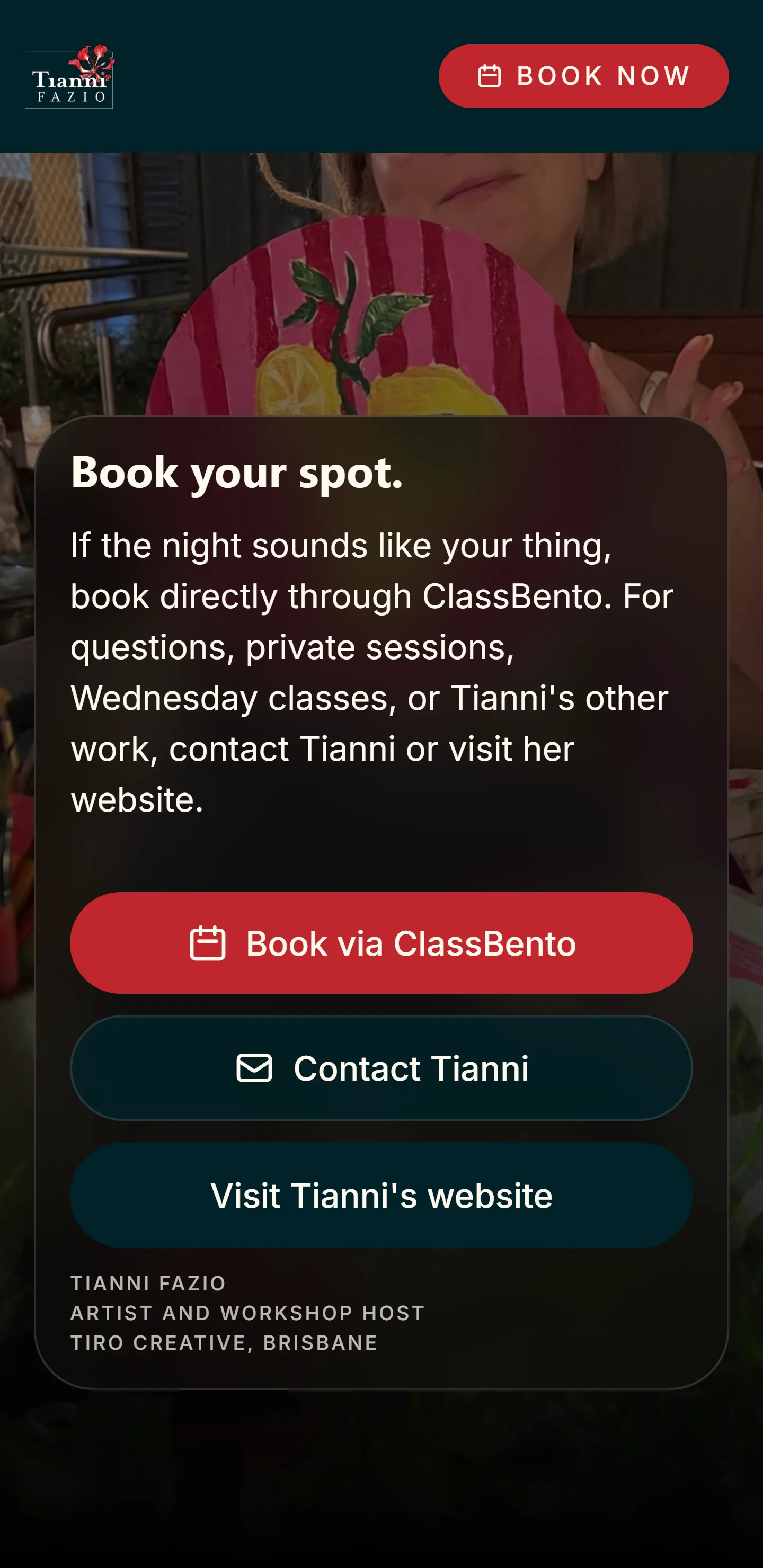 Mobile booking screen with call-to-action buttons for the Limoncello event.