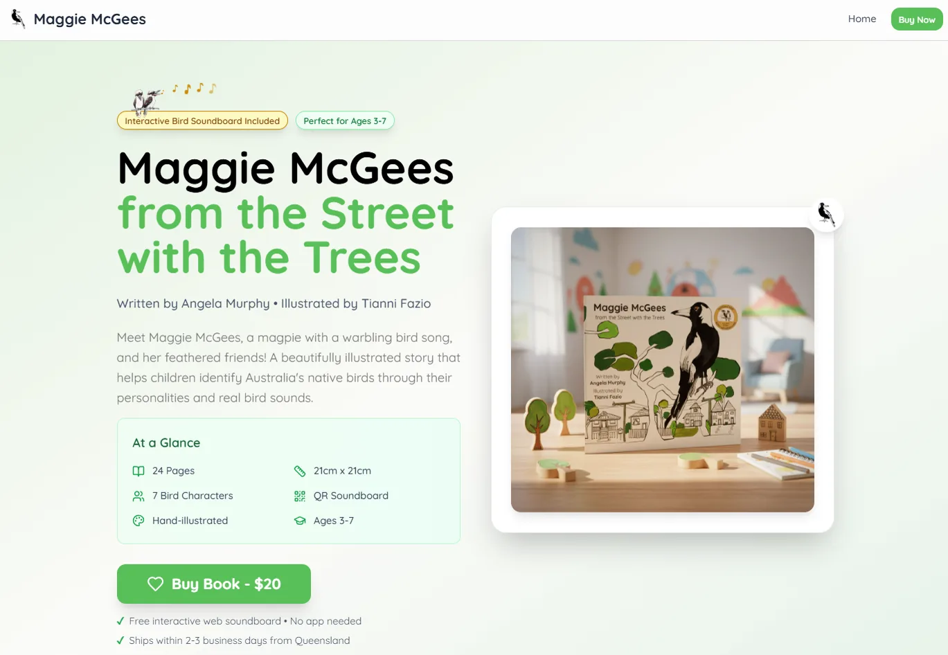 Maggie McGees website homepage presenting the children's book and purchase call to action.