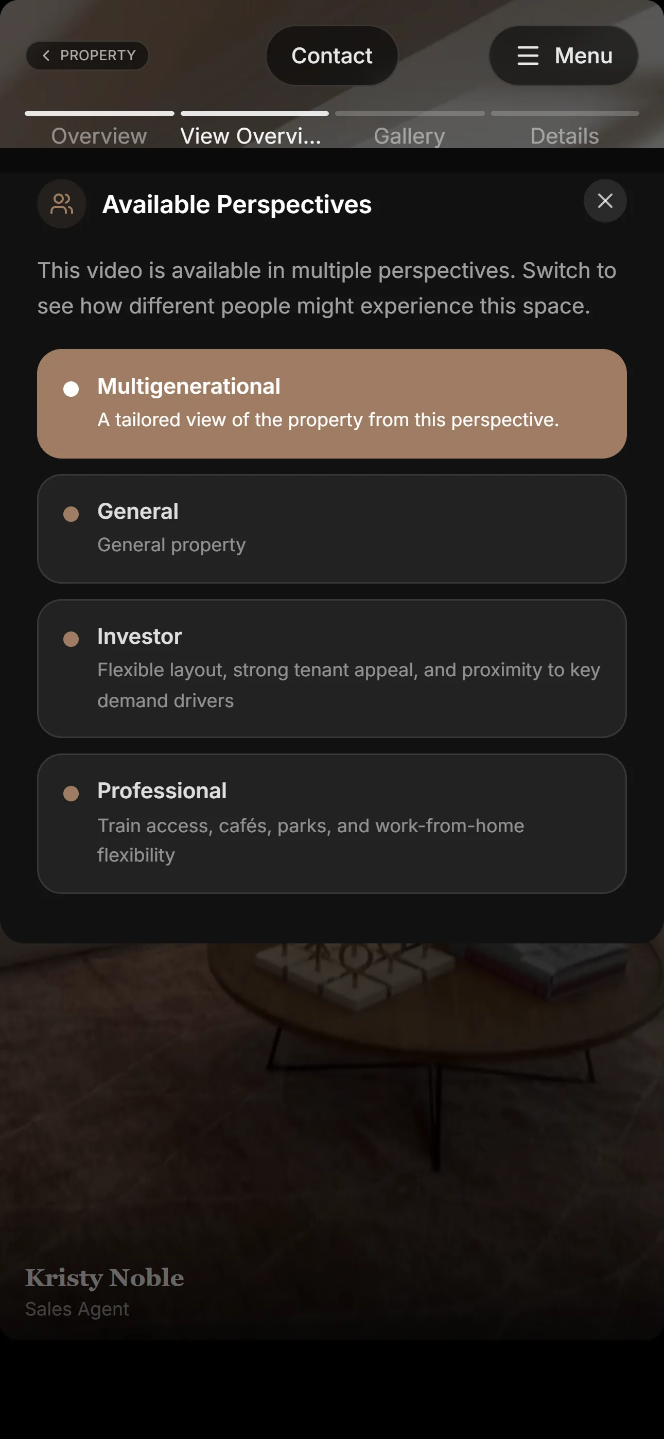 Mobile screen showing lifestyle lens selection for the real estate presentation.
