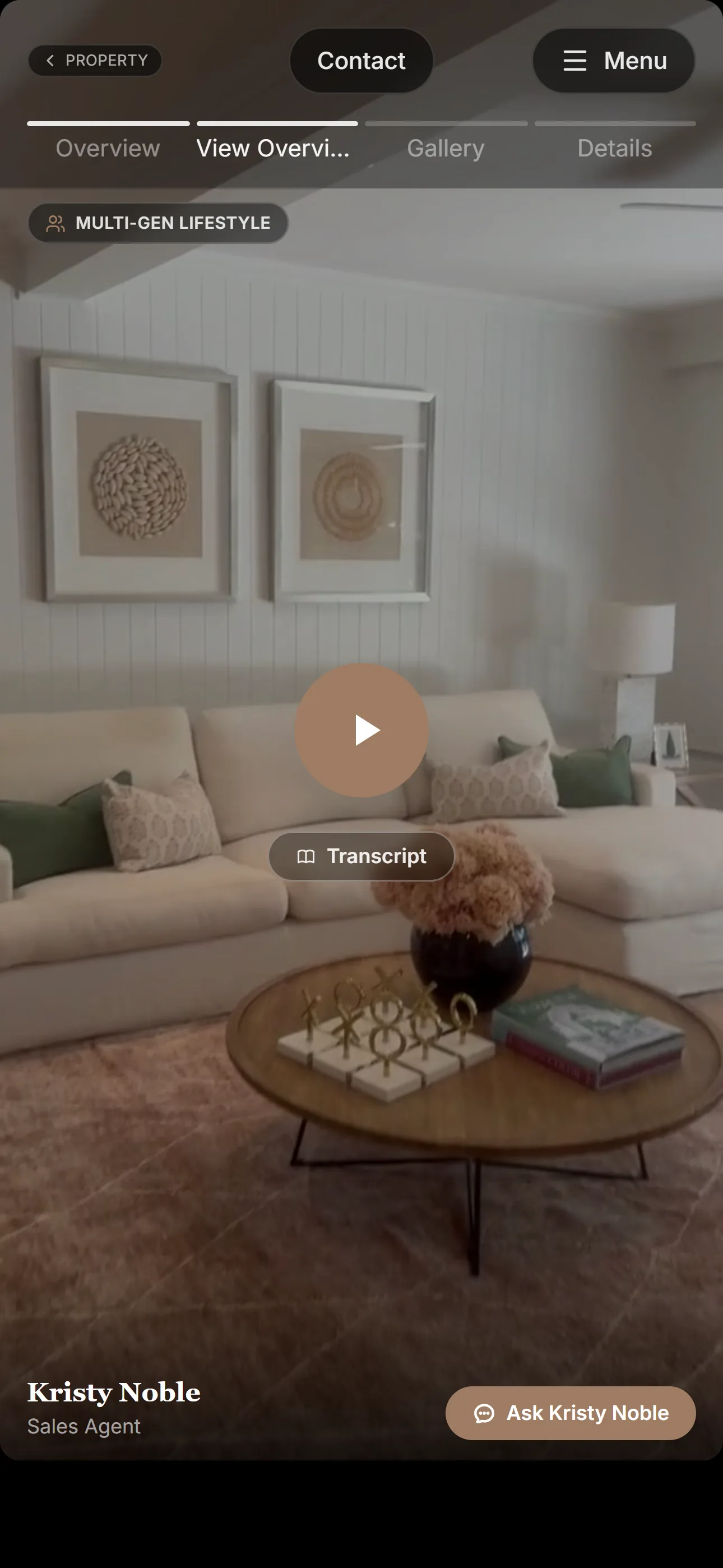 Mobile screen showing a buyer-type-specific video walkthrough in the real estate presentation.