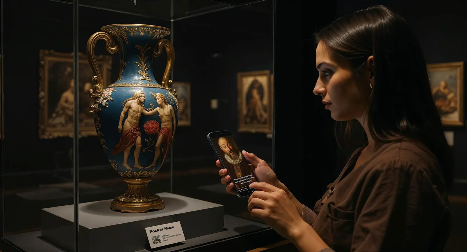 Museum visitor using an interactive display in a gallery environment.