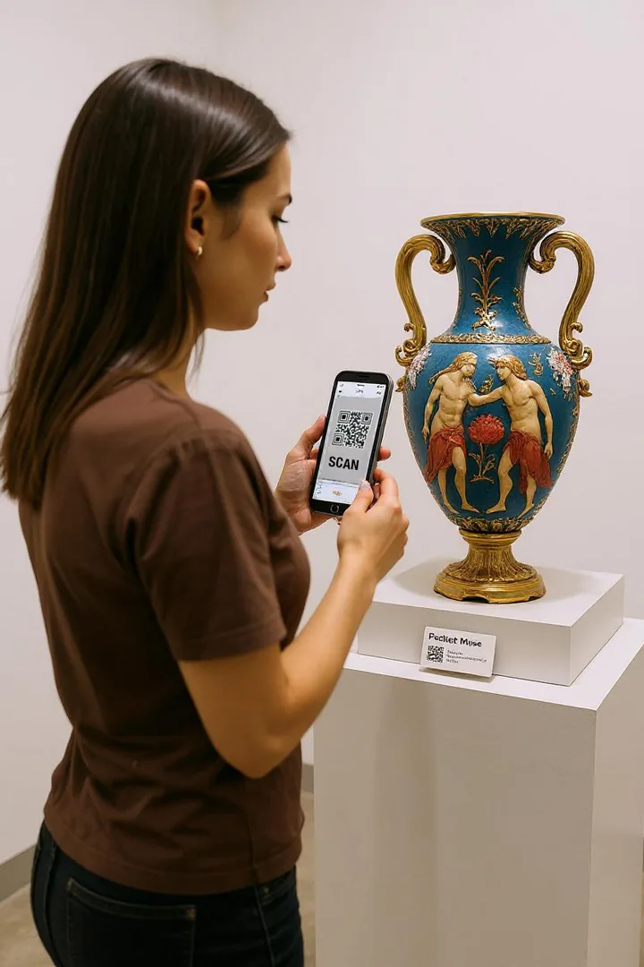Visitor scanning a QR code with a phone in a museum setting.